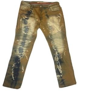 LION DYNASTY Mens Jeans Sz 40x 30 Slim Bleached Distressed EUC Acid Wash Brown